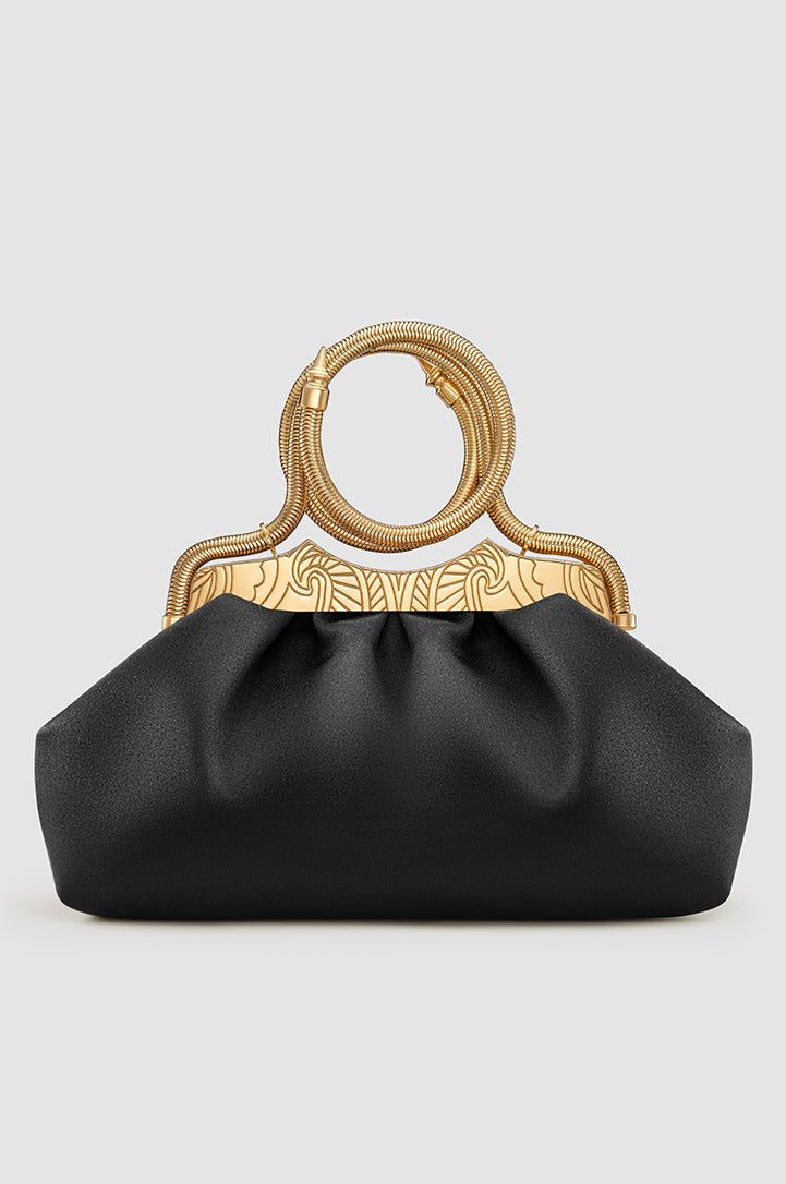 Bangle Clutch - Black Satin - Designer Wrist Bag | OKHTEIN Official Store Elegant Clutch With Round Handle For Formal Occasions, Luxury Metal Bags As Gifts, Luxury Metal Bag As Gift, Elegant Formal Clutch With Round Handle, Yellow Gold Evening Bag With Detachable Strap, Elegant Evening Clutch With Round Handle, Elegant Evening Bag With Gold-tone Hardware And Round Handle, Luxury Gold Clutch With Gold-tone Hardware, Elegant Evening Bag With Round Handle