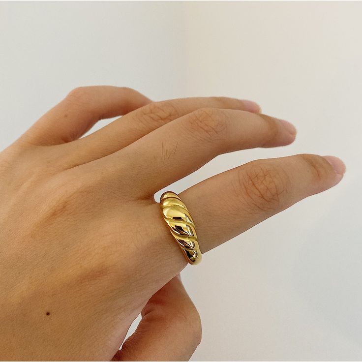 Cute Croissant ring made of stainless steel and 18k gold plated. This ring is lightweight and minimal. Wear it alone for a minimalist look or stack together with other stacking rings. ………………………………….D E T A I L S• Materials: Stainless Steel, 18k gold plating.• Available Size: US 6 (Diameter: 16.5mm), US 7 (Diameter: 17.3mm), US8 (Diameter: 18.2mm)• This product is hypoallergenic, water and tarnish resistant. Gold Plated Rings With Simple Design, Gold Minimalist Dome Ring For Everyday, Gold-plated Rings With Simple Design, Simple Gold-plated Gold Rings, Gold Minimalist Rings Tarnish Resistant, Minimalist Gold Rings Tarnish Resistant, Simple Design Gold-plated Rings, Gold Minimalist Midi Rings Tarnish Resistant, Everyday Simple Gold Plated Rings