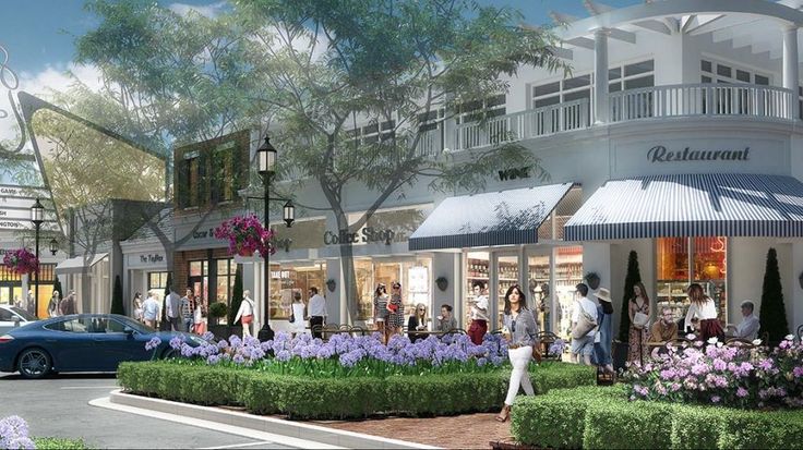 an artist's rendering of the exterior of a retail center with people walking around