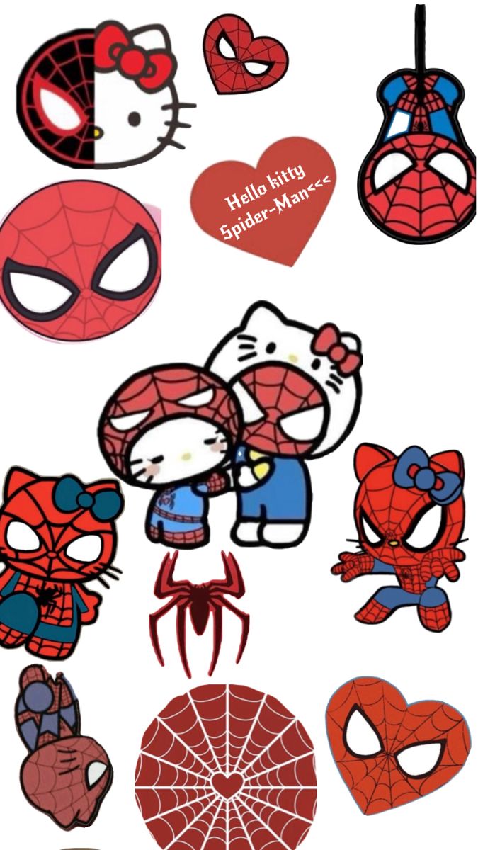 spiderman and hello kitty stickers on a white background with the caption hello kitty spider - man