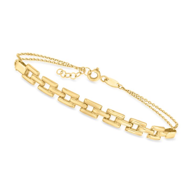 Ross-Simons - 10kt Yellow Gold Panther-Link Bracelet. 7.5". Canaria fine jewelry. Perfect for everyday wear, these genuine 10kt gold wardrobe essentials are fashionable, fun and designed to last a lifetime. Strong and durable, our collection of gold classics is always a great value. This 10kt yellow gold bracelet offers a simple take on a substantial style. Features a parade of glossy panther links stationed on a two-row cable chain with a 1/2" extender. Springring clasp, 10kt yellow gold panthe Classic Yellow Gold Bracelet With Box Chain, Timeless Yellow Gold Bracelet With Box Chain, Classic Gold Box Chain Bracelet, Classic 14k Gold Bracelet With Box Chain, Classic 14k Gold Box Chain Bracelet, Classic 14k Gold Name Bracelet For Everyday, 14k Yellow Gold Bracelet With Box Chain, Yellow Gold Bracelet With Adjustable Chain For Formal Occasions, 14k Yellow Gold Box Chain Bracelet