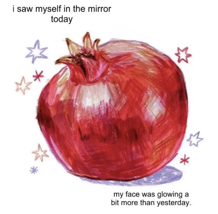 a drawing of a red apple with stars around it and the words, i saw my self in the mirror today