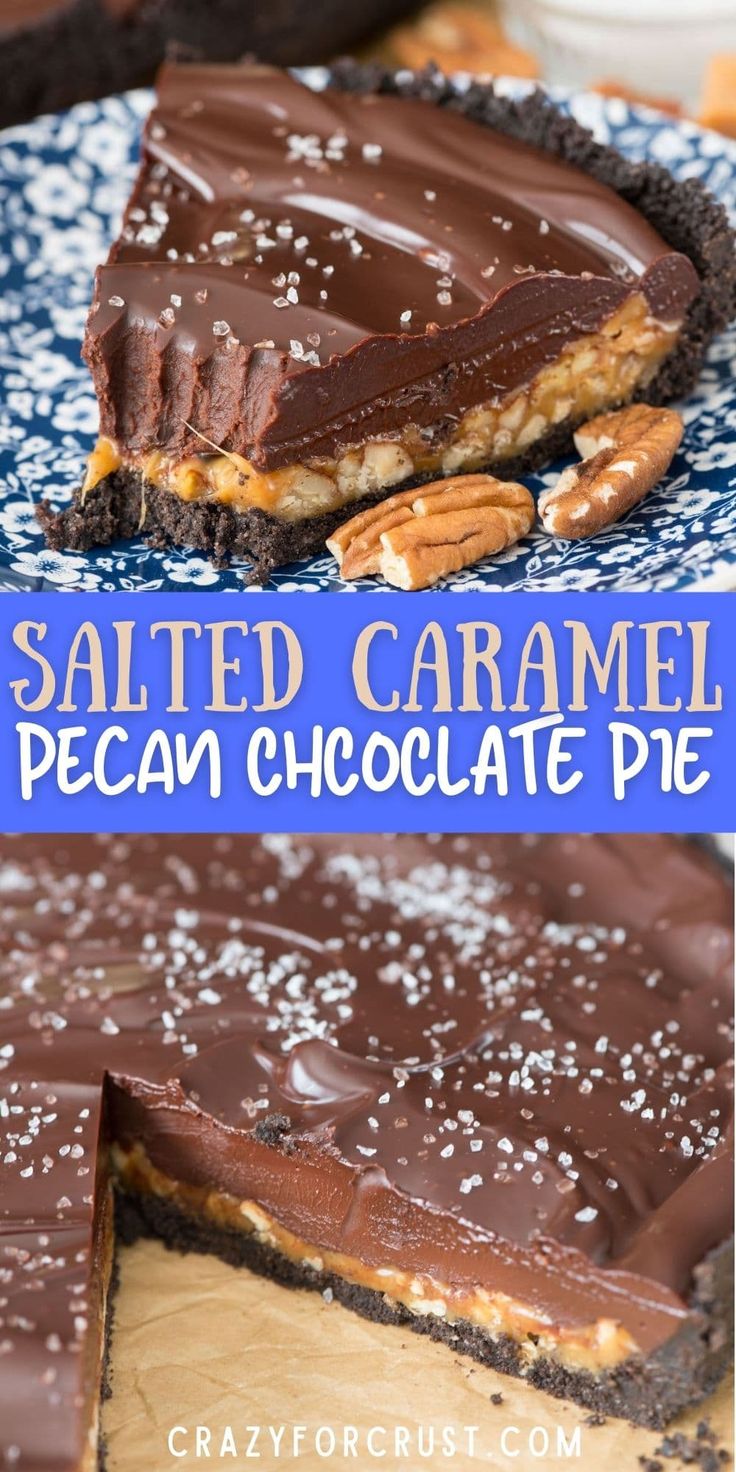 salted caramel pecan chocolate pie on a blue and white plate with text overlay