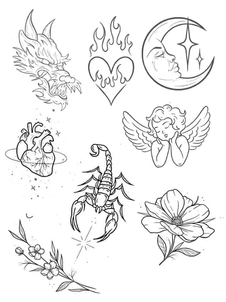 tattoos with hearts, flowers and other symbols on them are drawn in black ink against a white background