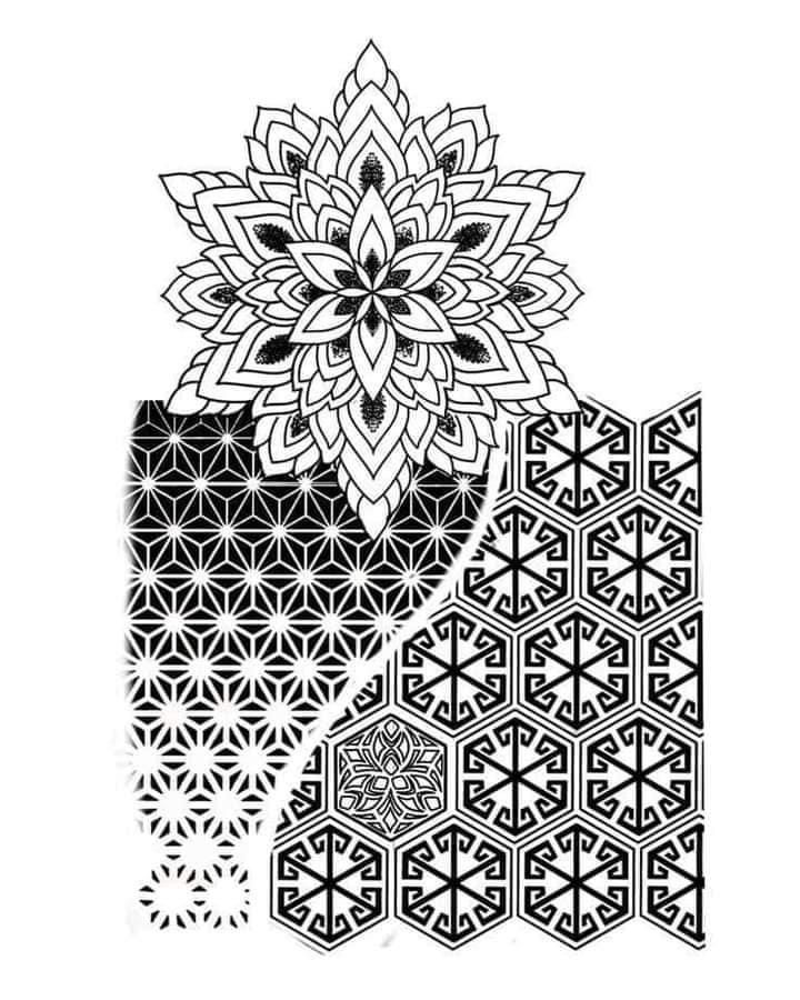 a black and white drawing of a flower with geometric shapes in the middle, on a white background