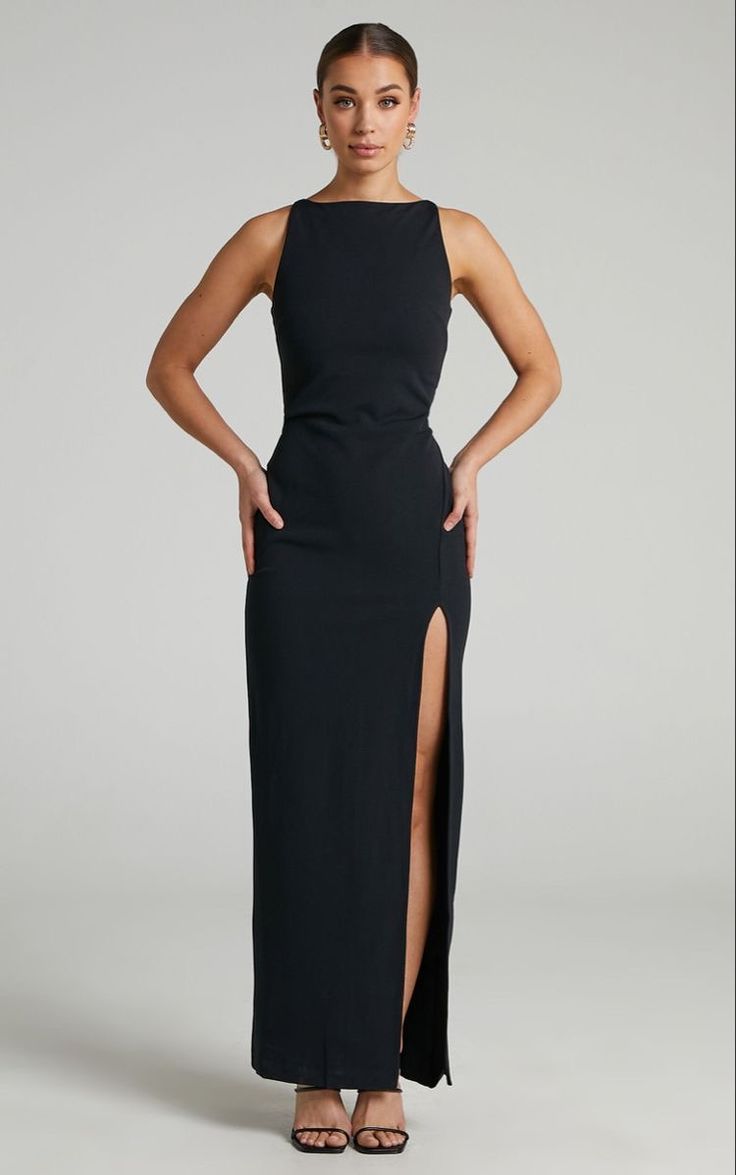 Fitted Black Sleeveless Dress With Side Slits, Elegant Sleeveless Dress With Side Slits For Party, Elegant Sleeveless Dress With Side Slits For Night Out, Elegant Sleeveless Midi Dress For Black-tie Events, Sleek Sleeveless Dress For Black-tie Events, Sleek Fitted Maxi Dress For Black-tie Events, Chic Sleeveless Midi Dress For Black-tie Events, Elegant Sleeveless Formal Dress, Sleek Fitted Dresses For Black-tie Events