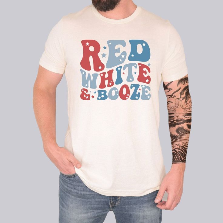 Red White and Booze 4th of July Shirt - Mod Reveals Red Graphic Print Tops For 4th Of July, Casual Red T-shirt For 4th Of July, Retro Pre-shrunk Red Shirt, Patriotic Red Pre-shrunk Shirt, Patriotic Red Shirt With Relaxed Fit, White T-shirt Made In Usa For 4th Of July, Red Screen Print Top For 4th Of July, Red Cotton T-shirt For 4th Of July, Patriotic Red Relaxed Fit Shirt