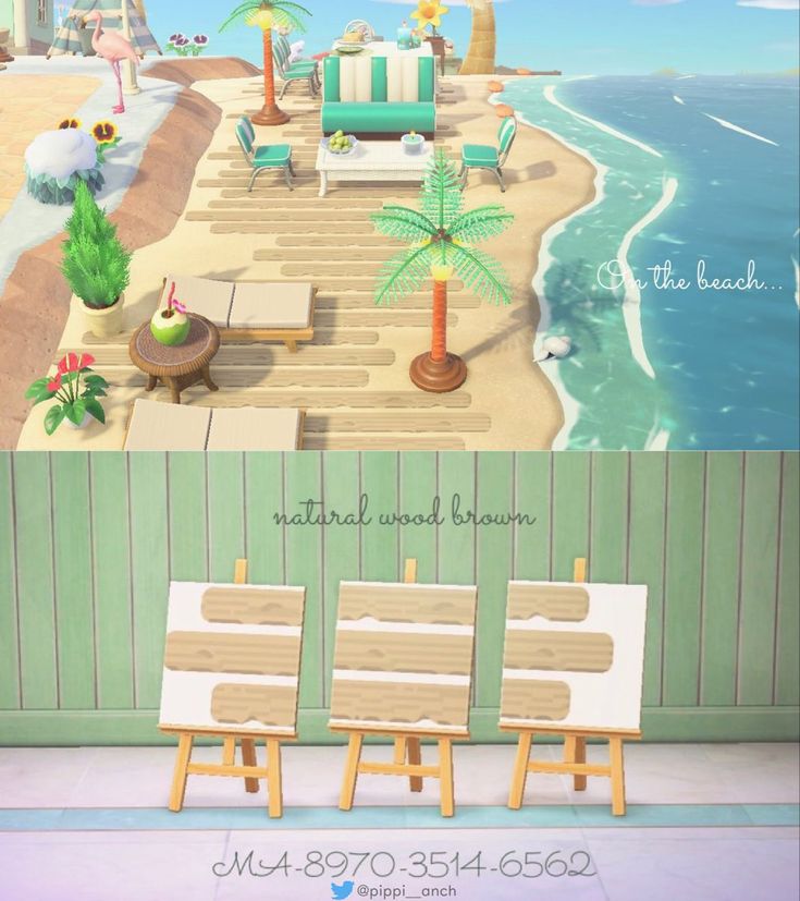 an animated beach scene with wooden benches and palm trees on the side of the beach