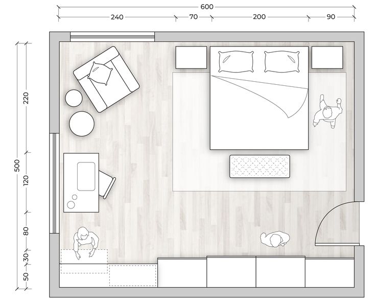 the floor plan for a bedroom and living room in an apartment with wood floors, white walls