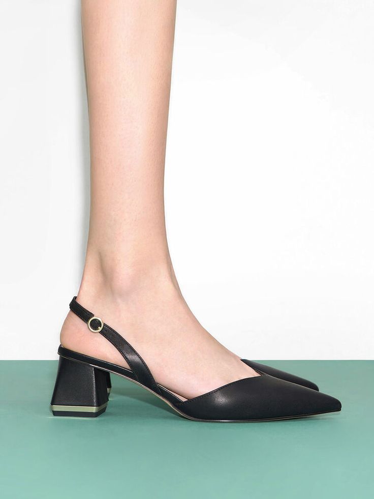 Black Trapeze Heel Slingback Pumps - CHARLES & KEITH US Shoes Closet, Chiffon Sleeveless Top, Workwear Chic, Quilted Top, Classy Shoes, Faux Leather Heels, Girly Shoes, Charles Keith, Shoe Closet