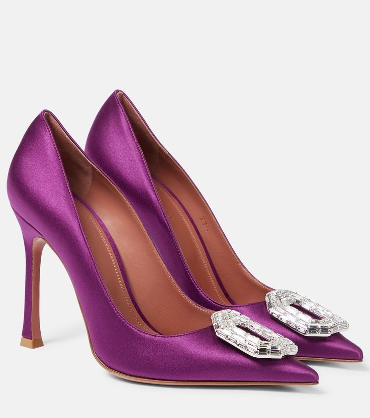 Camelia silk satin pumps in purple - Amina Muaddi | Mytheresa Silk Heels, Amina Muaddi Heels, Amina Muaddi Shoes, Casual Ballet Flats, Purple High Heels, Bridal Clutch Bag, Sequin Heels, Luxury Lifestyle Women, Mid Heels Pumps