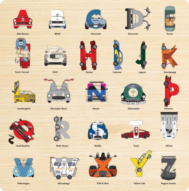 the alphabet is made up of different types of cars and trucks, all with letters in them