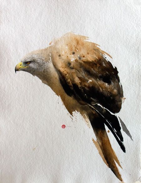 a watercolor painting of a brown and black bird with yellow beak on white paper