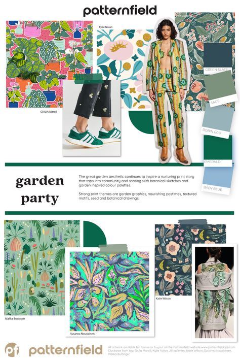 an advertisement for the garden party, with green and blue patterns on it's walls