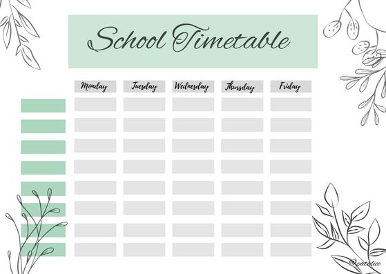 a printable school timetable with leaves and branches on the side, in grey and green