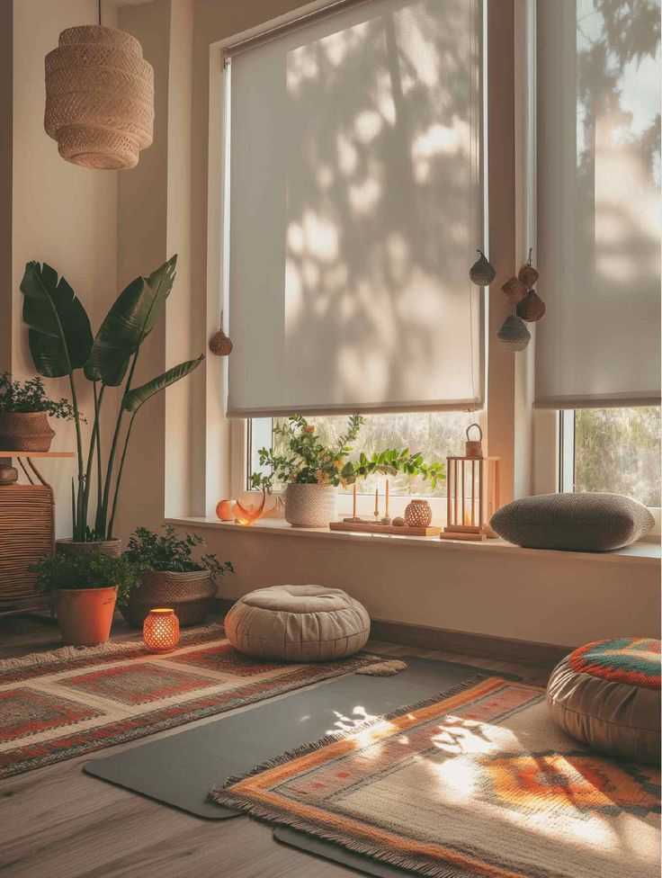 a living room with plants and rugs on the floor in front of a window