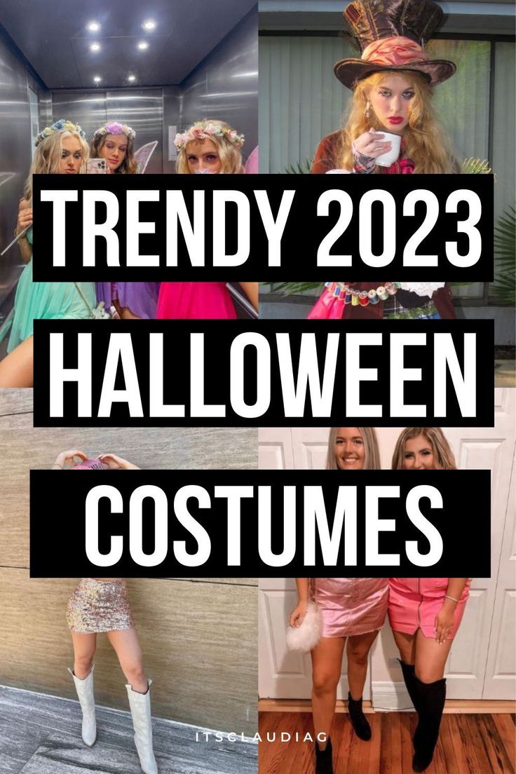 three women dressed up in halloween costumes with text overlay reading trendy 2012 halloween costumes