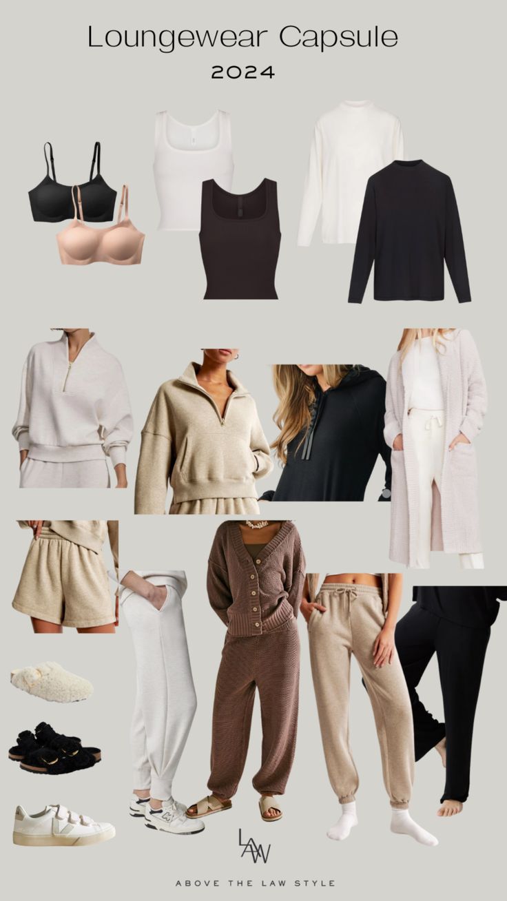 Loungewear Capsule 2024 - Above The L.A.W. Style Athleisure Outfits Capsule, Athletic Wear Capsule Wardrobe, Lounge Capsule Wardrobe, Lounge Wear Capsule Wardrobe, Edgy Loungewear, Loungewear Capsule Wardrobe, Athletic Wear Outfits, Elevated Loungewear, Classy Loungewear