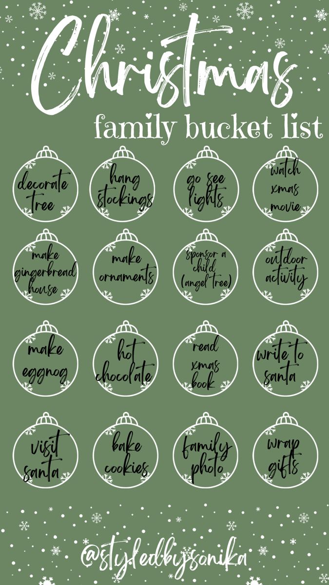 christmas family bucket list with ornaments and snowflakes