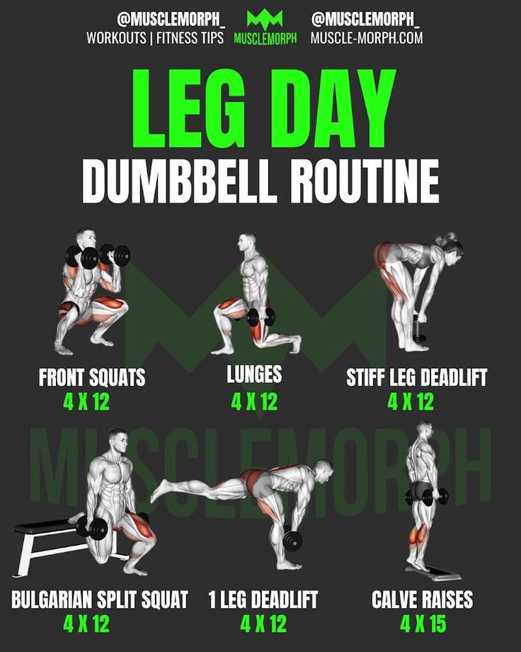 the leg day dumbbell routine is shown in green and black with instructions to do it