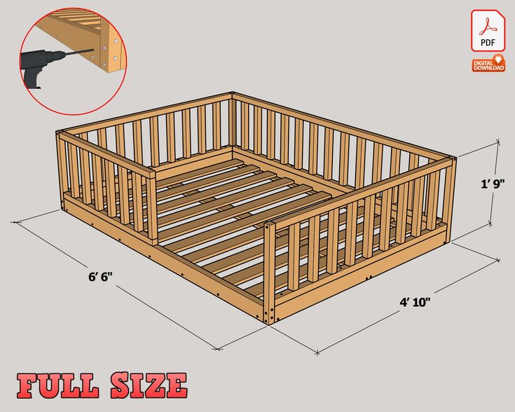 a wooden bed frame with measurements for the top and bottom sides, showing how to build it