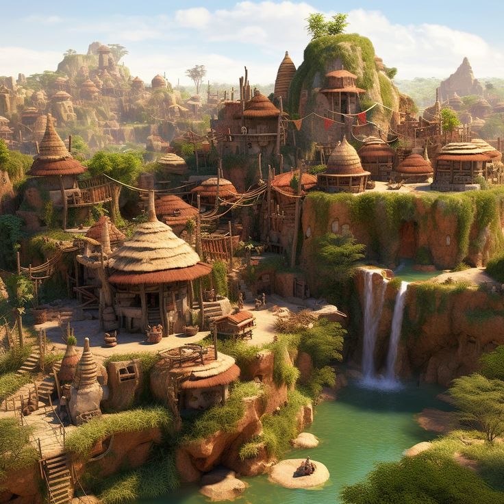 an artist's rendering of a village in the middle of a jungle with waterfall