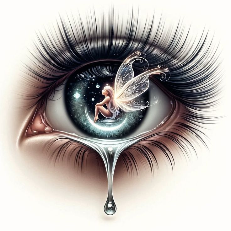 an eye with a fairy sitting on it's side and water dripping from the iris