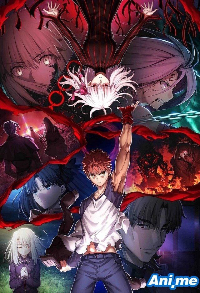 an anime poster with the main characters and their names in red, white and blue