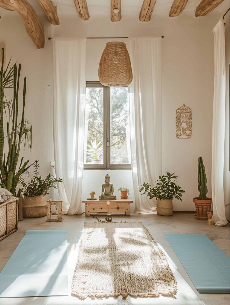 a living room with plants and rugs on the floor in front of a window