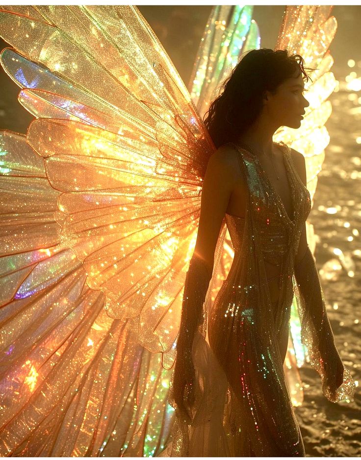 a woman dressed as a fairy standing in front of the water with her wings spread