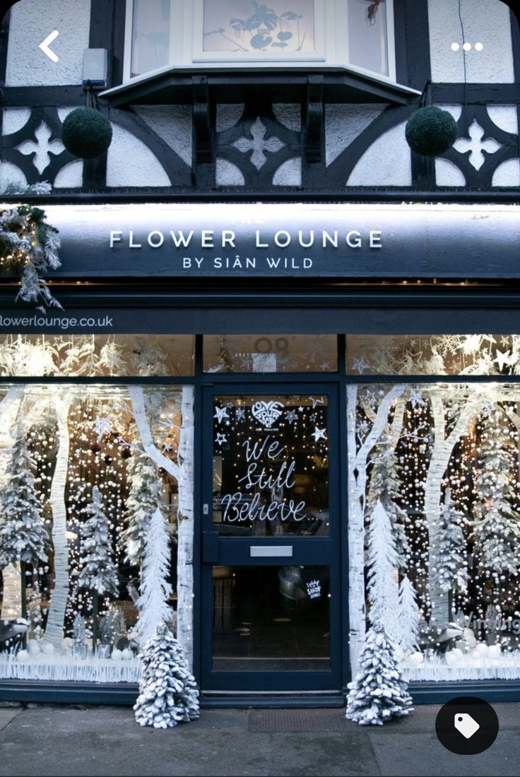 a storefront with snow covered trees and decorations on the front windows, along with christmas lights