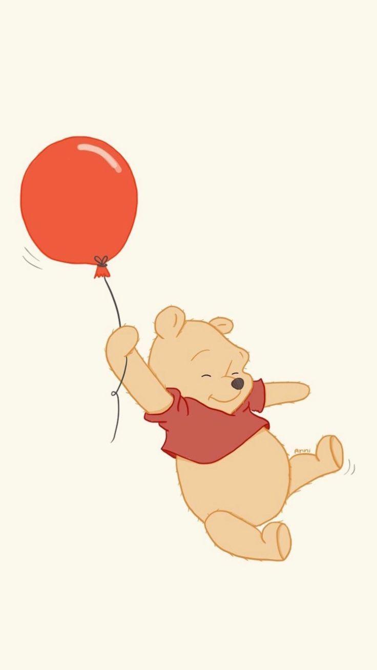 a winnie the pooh flying with a red balloon in its hand and holding on to it's string