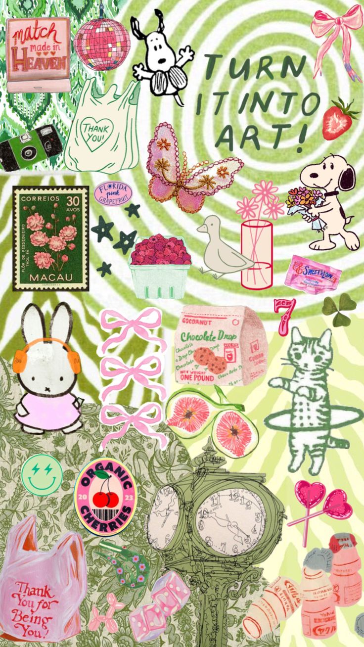 an assortment of stickers and decals on a green background with words turn into art