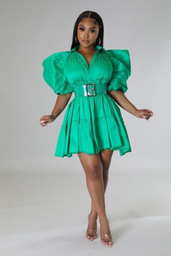 DRESS ONLY* Belt NOT included. Chic Green Puff Sleeve Dress With Ruffles, Green A-line Mini Dress For Casual Occasions, Green Puff Sleeve Dress With Ruffles For Party, Chic Mini Bubble Dress, Chic Bubble Dress, Mini Length, Chic Casual Mini Bubble Dress, Chic Spring Dress With Bubble Hem, Green Puff Sleeve Dress For Night Out, Green A-line Mini Dress For Casual Wear