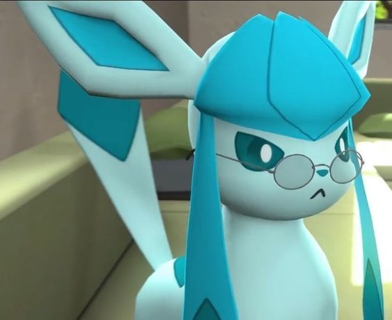 an animated pokemon character with glasses and a blue scarf around his neck, standing in front of a wall