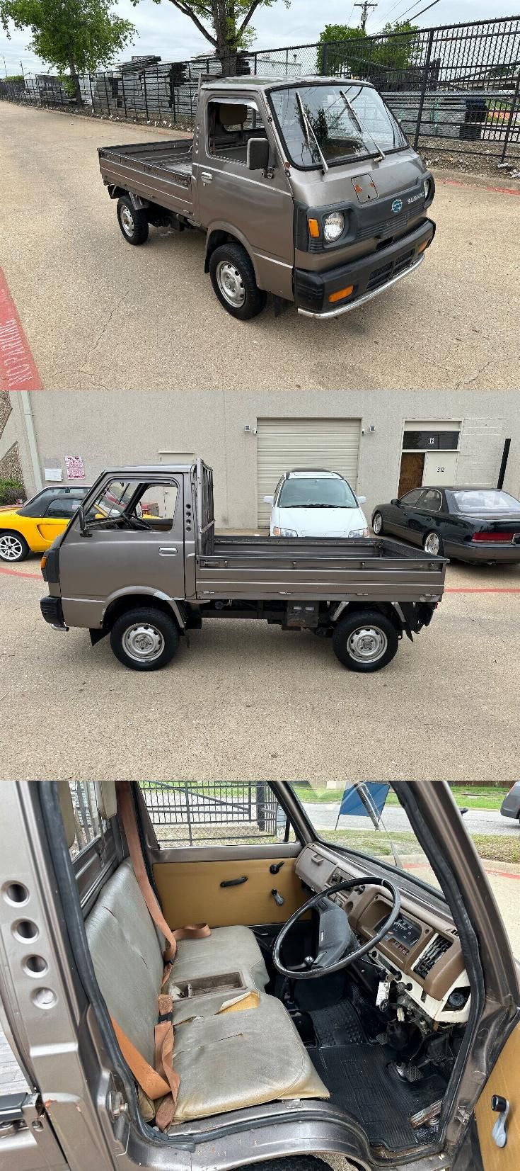 two pictures of an old pickup truck with the doors open