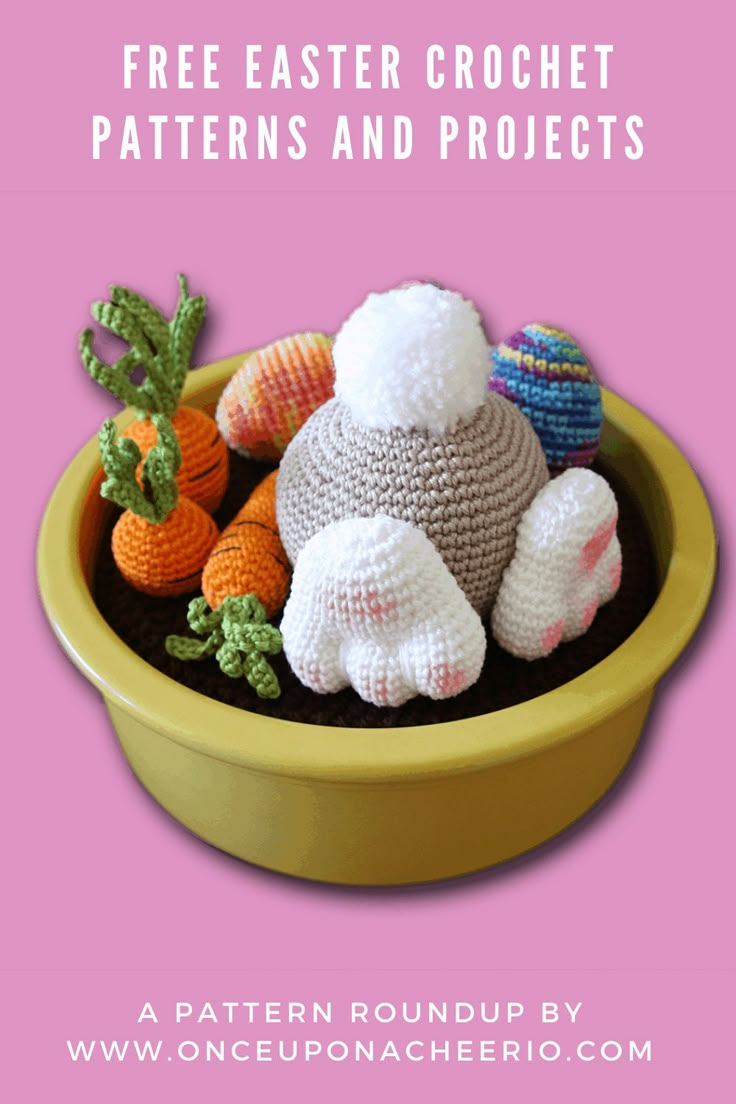 a crocheted bowl filled with small stuffed animals and carrots on top of a pink background