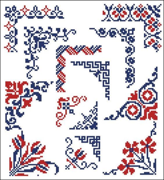 a cross stitch pattern with red, white and blue flowers on the bottom right corner