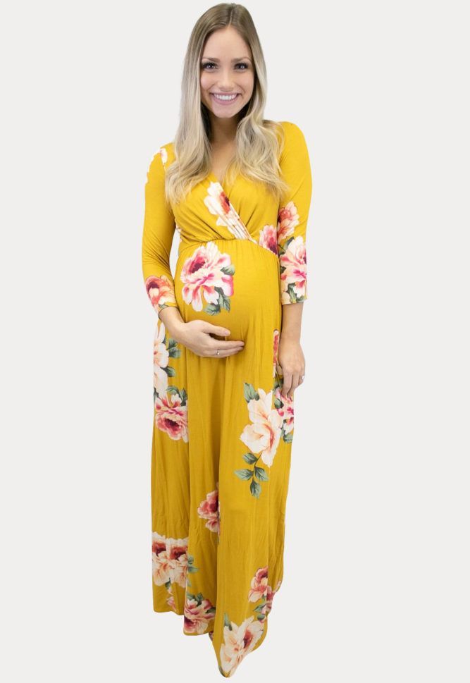 Sweetheart Floral Maternity Maxi in Mustard - Sexy Mama Maternity  #SexyMamaMaternity Fitted V-neck Maternity Dress With Floral Print, Maternity Nursing Friendly V-neck Maxi Dress, Nursing Friendly V-neck Maternity Maxi Dress, Nursing Friendly Maxi Maternity Dress, Modest Maternity Maxi Dress For Spring, Modest Fitted Maternity Maxi Dress, Spring Floor-length Maternity Dress, Yellow Fitted Maternity Dress, Long Sleeve Floral Print Maternity Dress