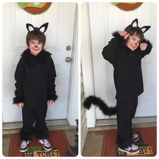 two pictures of a young boy dressed up as a cat and standing on a skateboard