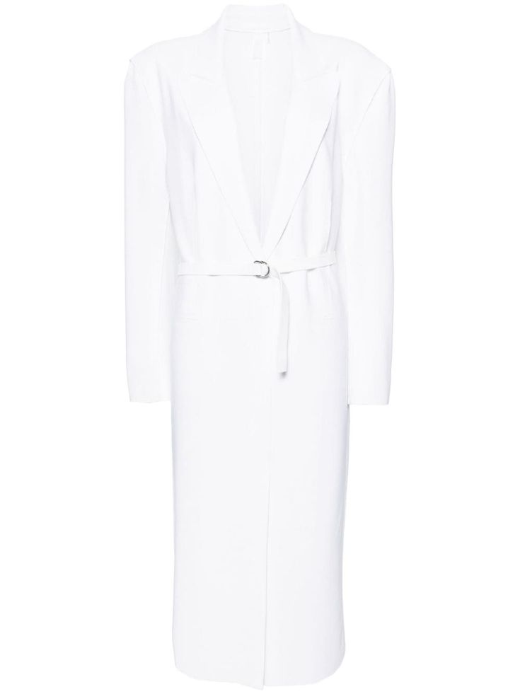 snow white V-neck concealed lace-up fastening long sleeves stitched pockets straight hem peak lapels Snow Dress, Maxi Dress White, Fitted Maxi Dress, Maxi Jersey Dress, Wardrobe Edit, Apron Dress, Norma Kamali, Iconic Bags, Exclusive Fashion