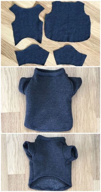 four pictures showing how to make a dog sweater