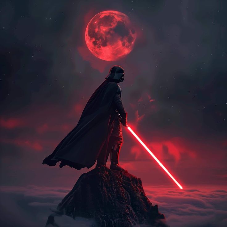 darth vader standing on top of a mountain with the moon in the background