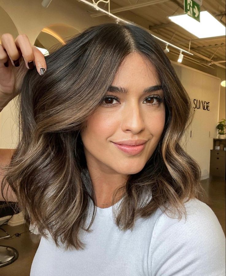 Lob With Lowlights Brunette, Short Dimensional Brunette, Cool Dimensional Brunette, Dimensional Brunette Bob, Brunette Hair Shoulder Length, Partial Balayage Brunettes, Hair Refresh, Short Hair Highlights, Dark Brunette Hair