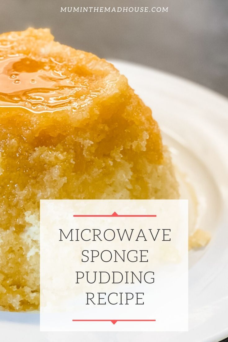 a close up of a piece of cake on a plate with the words microwave sponge pudding recipe