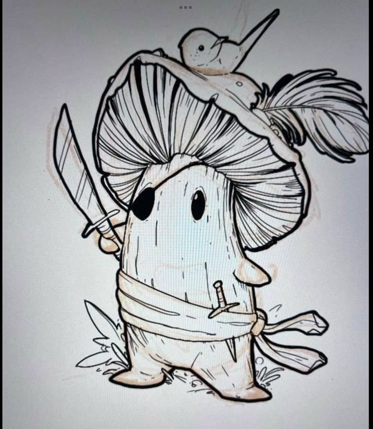 a drawing of a mushroom with a knife in it's mouth