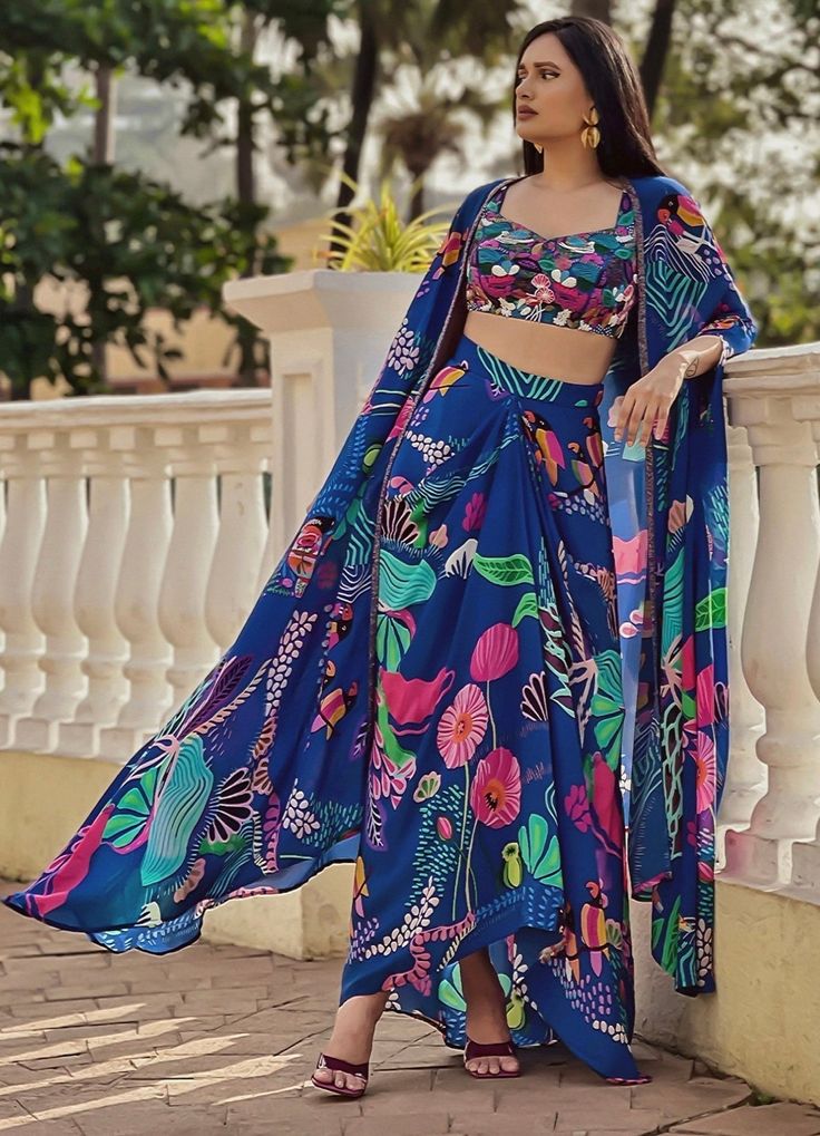 Beach Blue Dhoti Set and Kurta Juhi Bengani - Fabilicious Fashion Festive Blue Choli With Printed Motifs, Multicolor Georgette Palazzo Set For Summer, Bohemian Blouse Piece With Traditional Drape, Blue Floral Print Dupatta For Navratri, Blue Sets With Sheer Dupatta And Cape Sleeves, Bohemian Sets With Dupatta And Cape Sleeves, Unstitched Blue Floral Print Sharara, Multicolor Georgette Palazzo Set With Digital Print, Blue Floral Print Unstitched Sharara