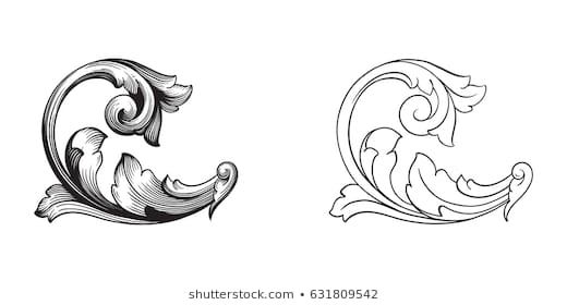 the letter g in an art nouveau style with swirls and leaves on white background