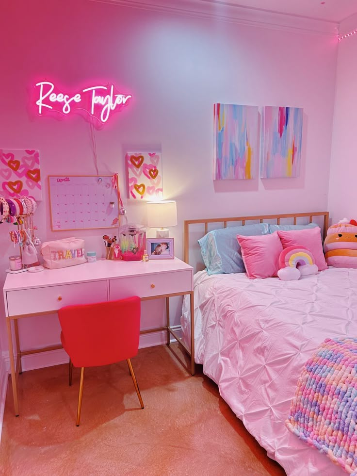 a room with a bed, desk and pink lights on the wall above it is a bedroom decorated in pastel colors