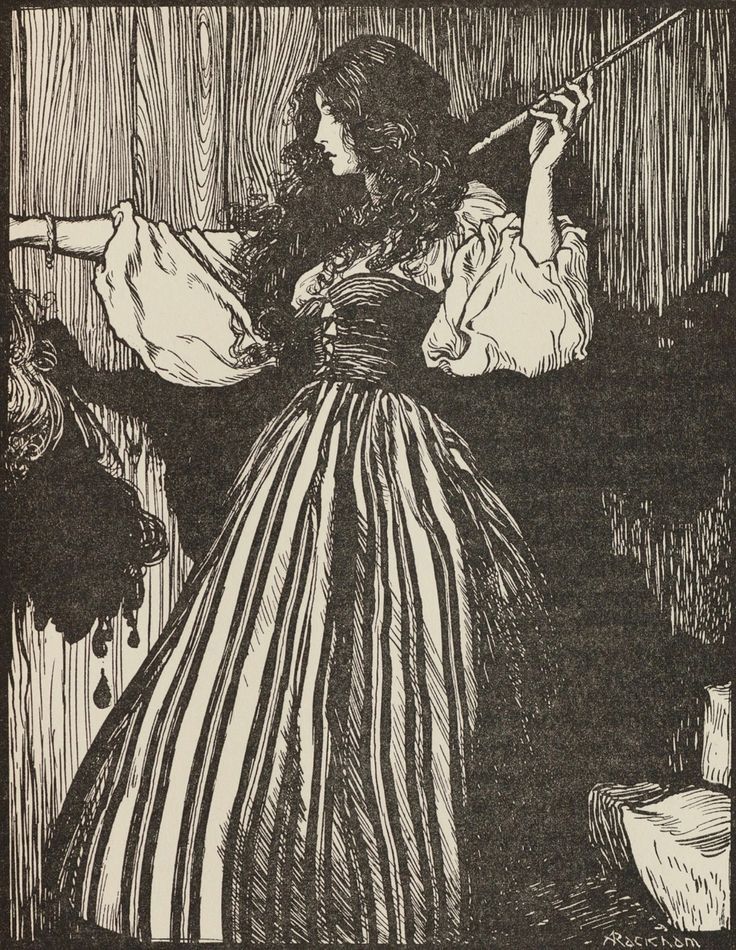 an illustration of a woman in a striped dress looking out the window at something outside